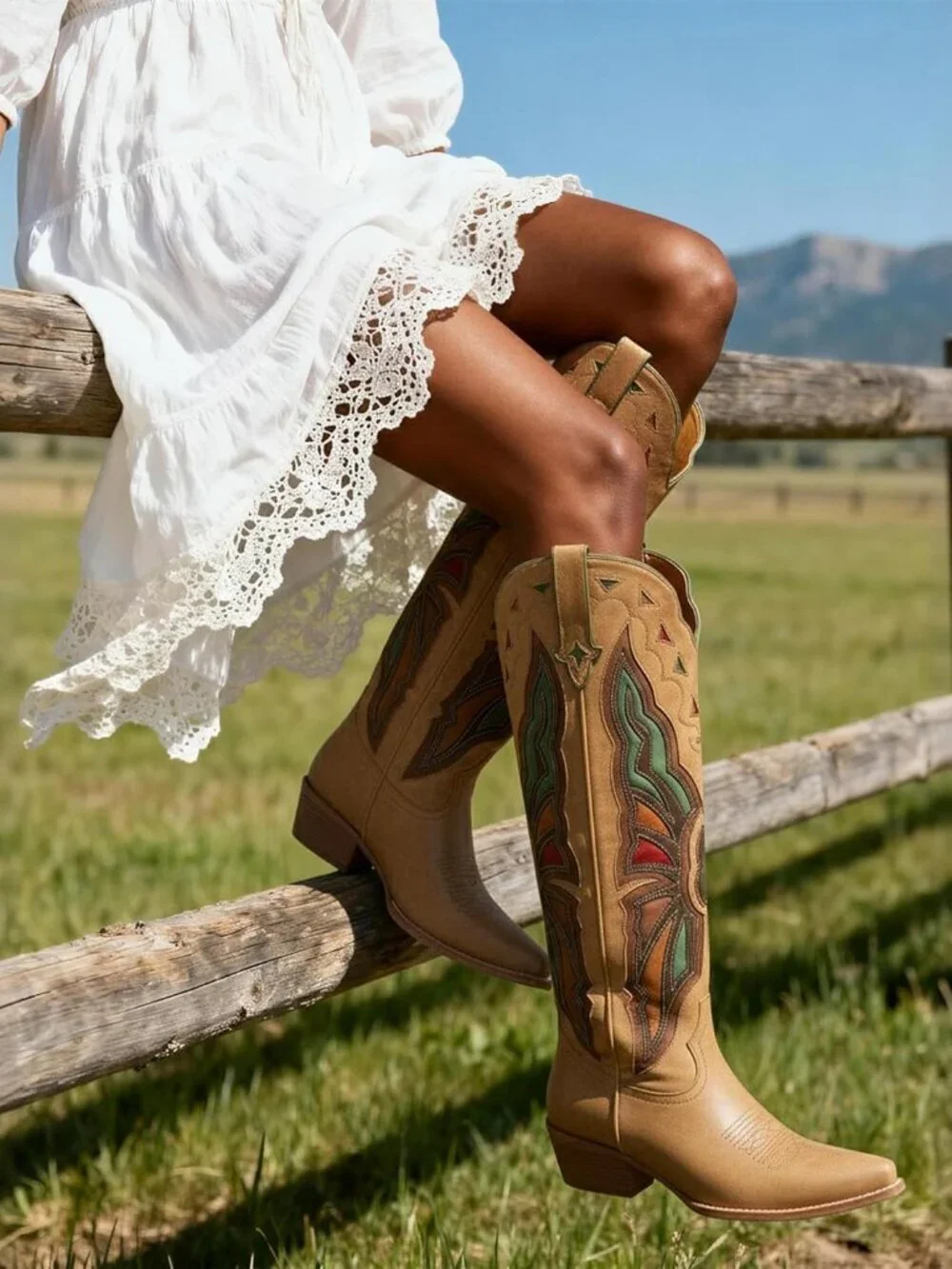 Women light Brown Cowboy Knee High Chunky Heel Butterfly Cowgirl Boots Wide Calf